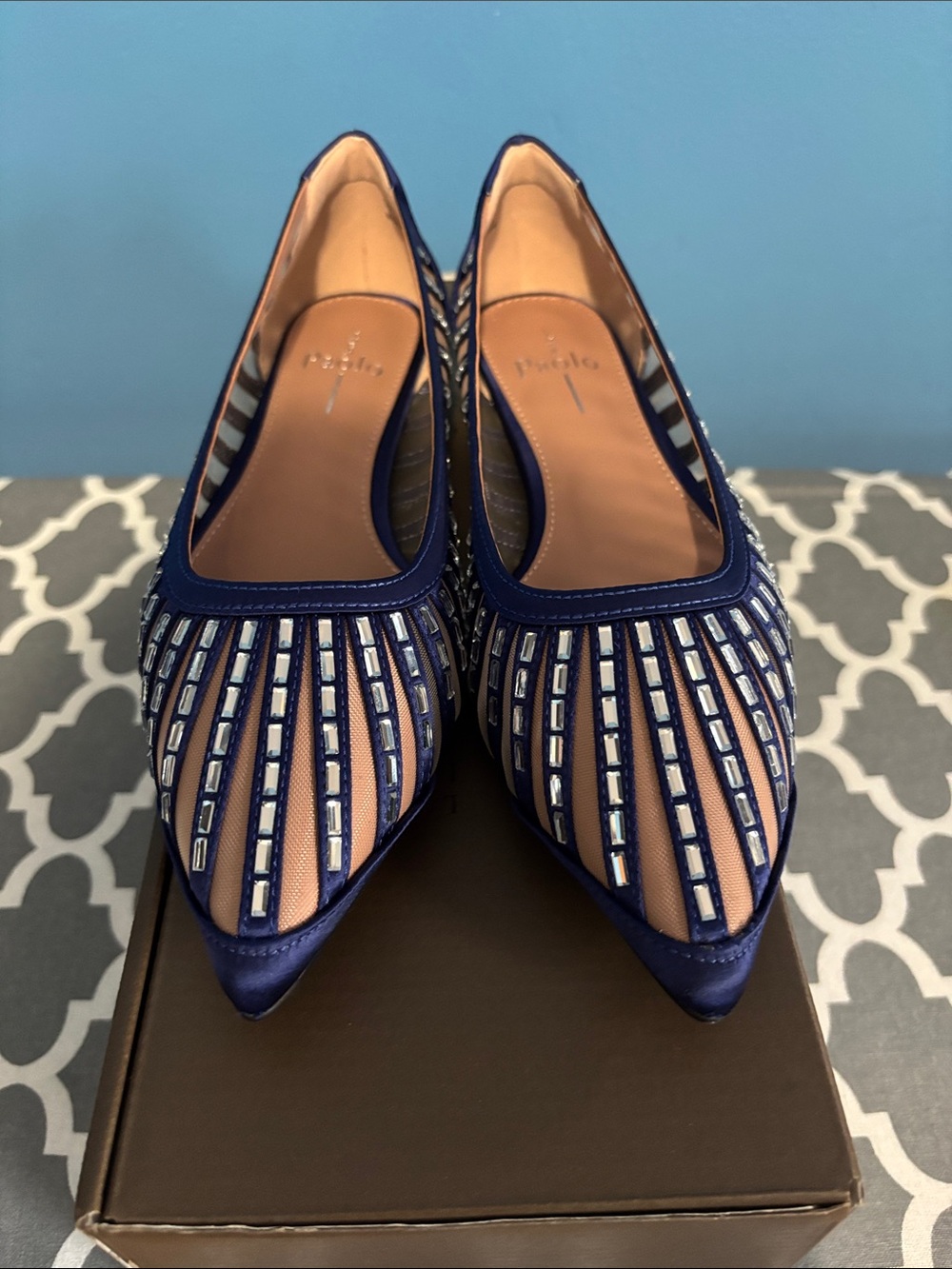 Paolo Satin Navy and Silver Embellished Pointed Flats